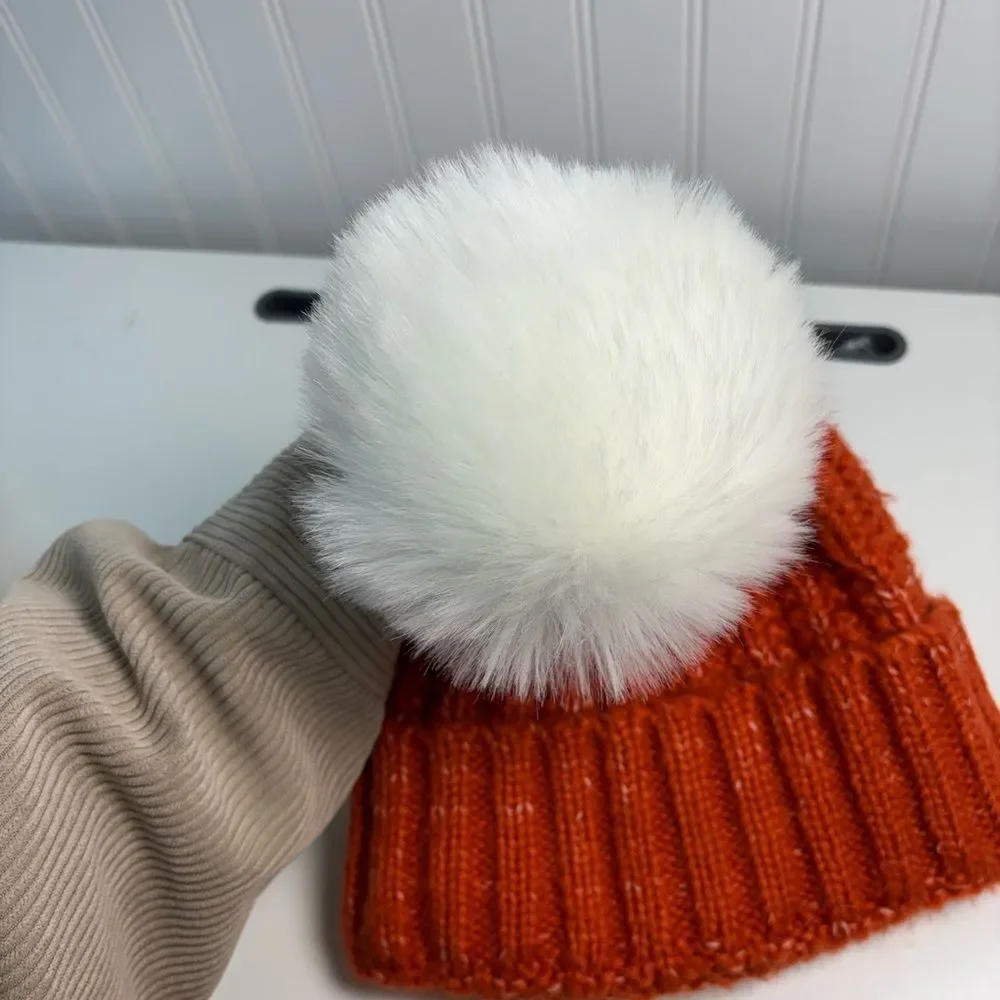 Free People big sky Pom Pom Vibrant redOrange Knit Hat with Fluffy White Pom-Pom